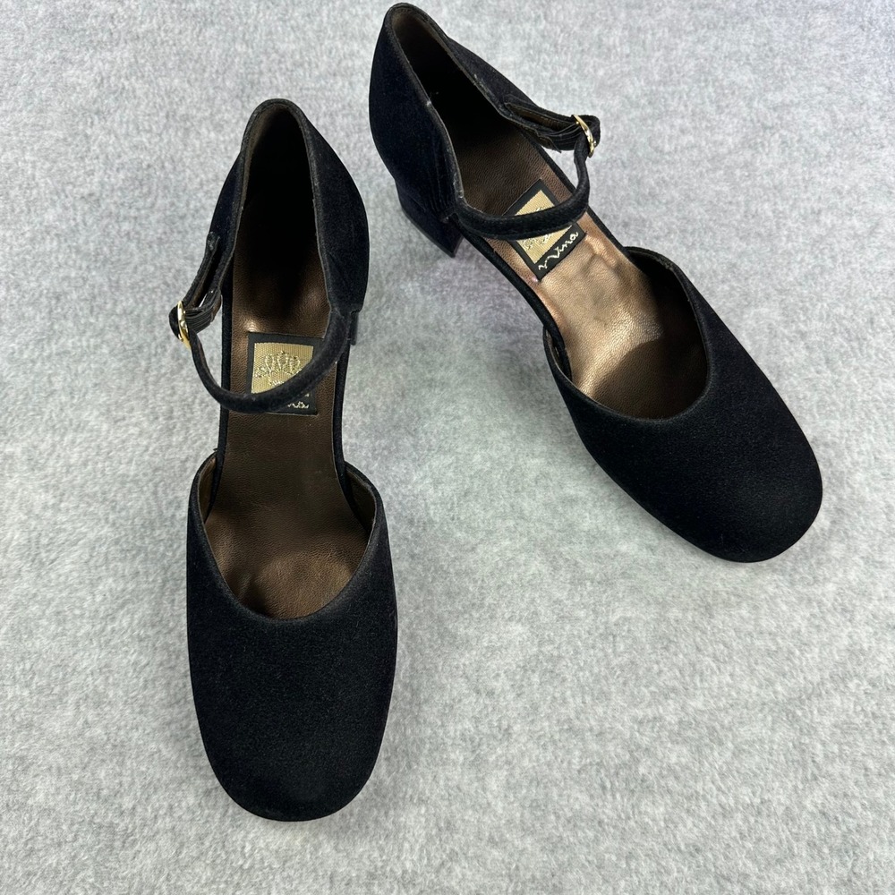 Nina Spain Black Suede Mary Jane Pumps 9M Block Heel Dark Academia Coquette Vtg